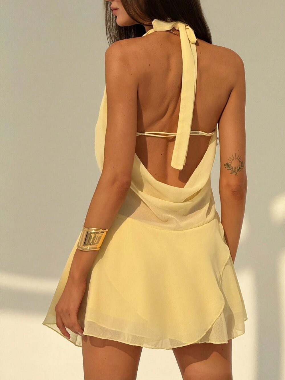 Yellow Sexy Backless Halter Deep V Asymmetrical Ruffle Hem Women's Mini Dress - Picture 2 of 7
